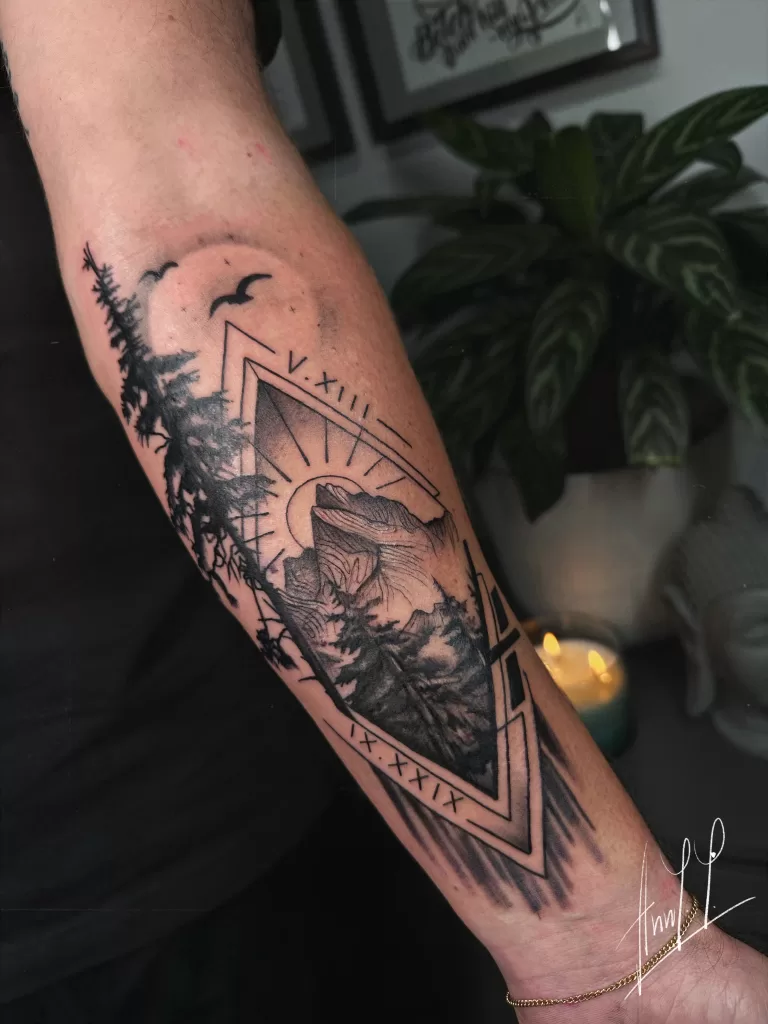 geometric mountain and trees in black and grey