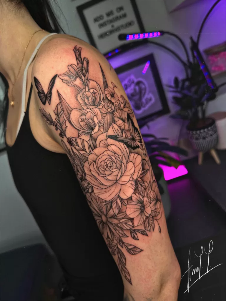 Floral and butterfly upper arm with shading