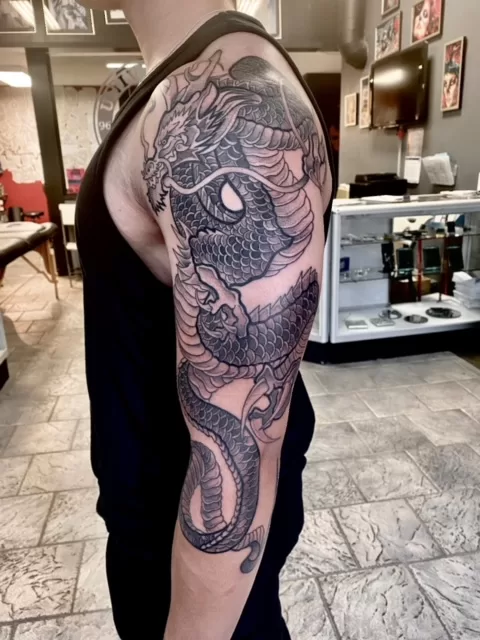 black and grey custom dragon sleeve