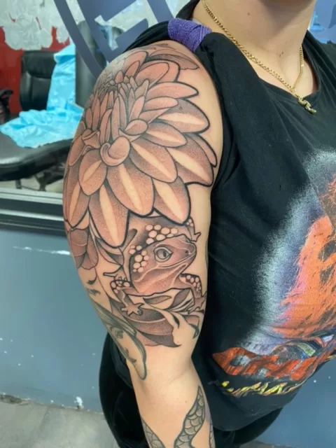 custom flower and frog half sleeve